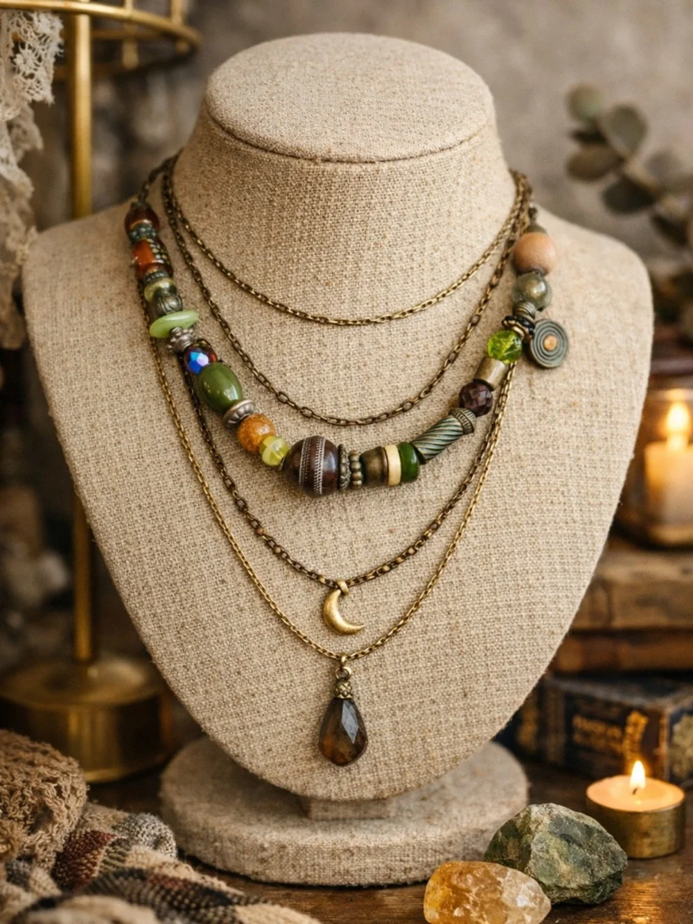 Chico’s Boho Mixed Bead Statement Necklace Earth Tone Anthro Style